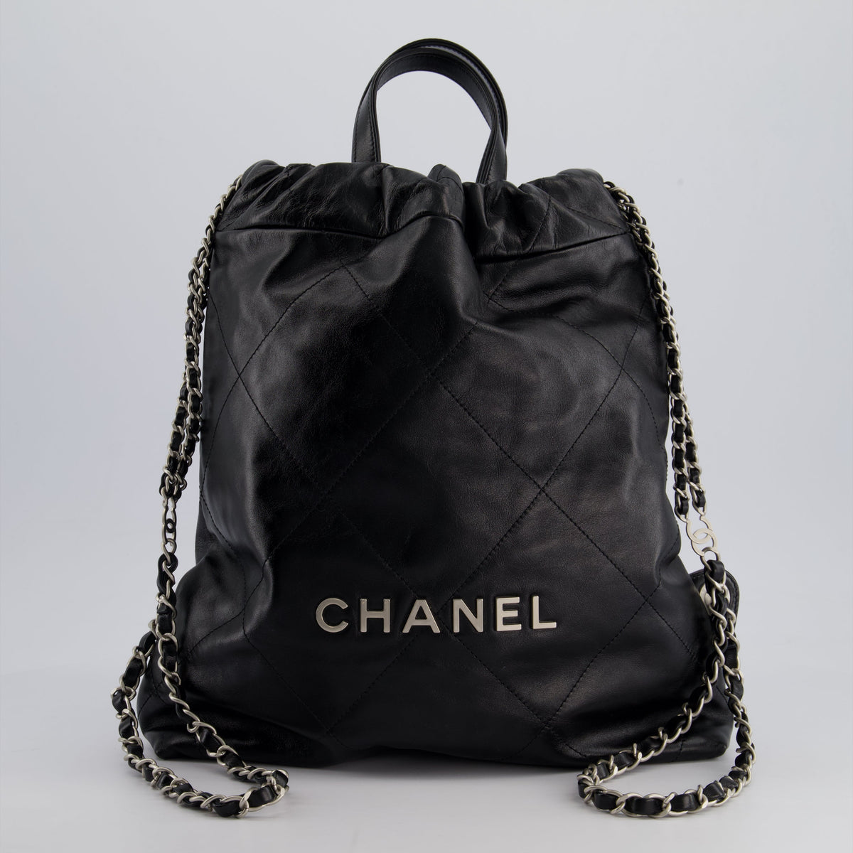 *FIRE PRICE* Chanel 22 Small Backpack Bag in Black Shiny Calfskin with Brushed Silver Hardware