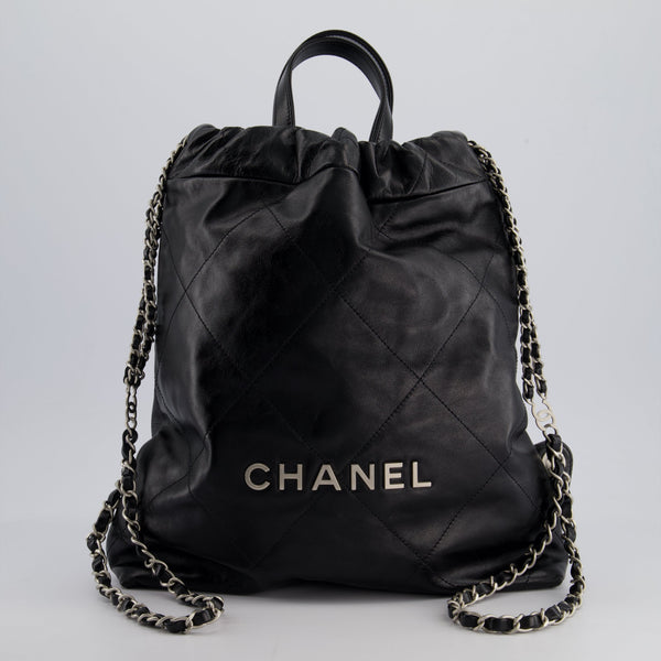 *FIRE PRICE* Chanel 22 Small Backpack Bag in Black Shiny Calfskin with Brushed Silver Hardware