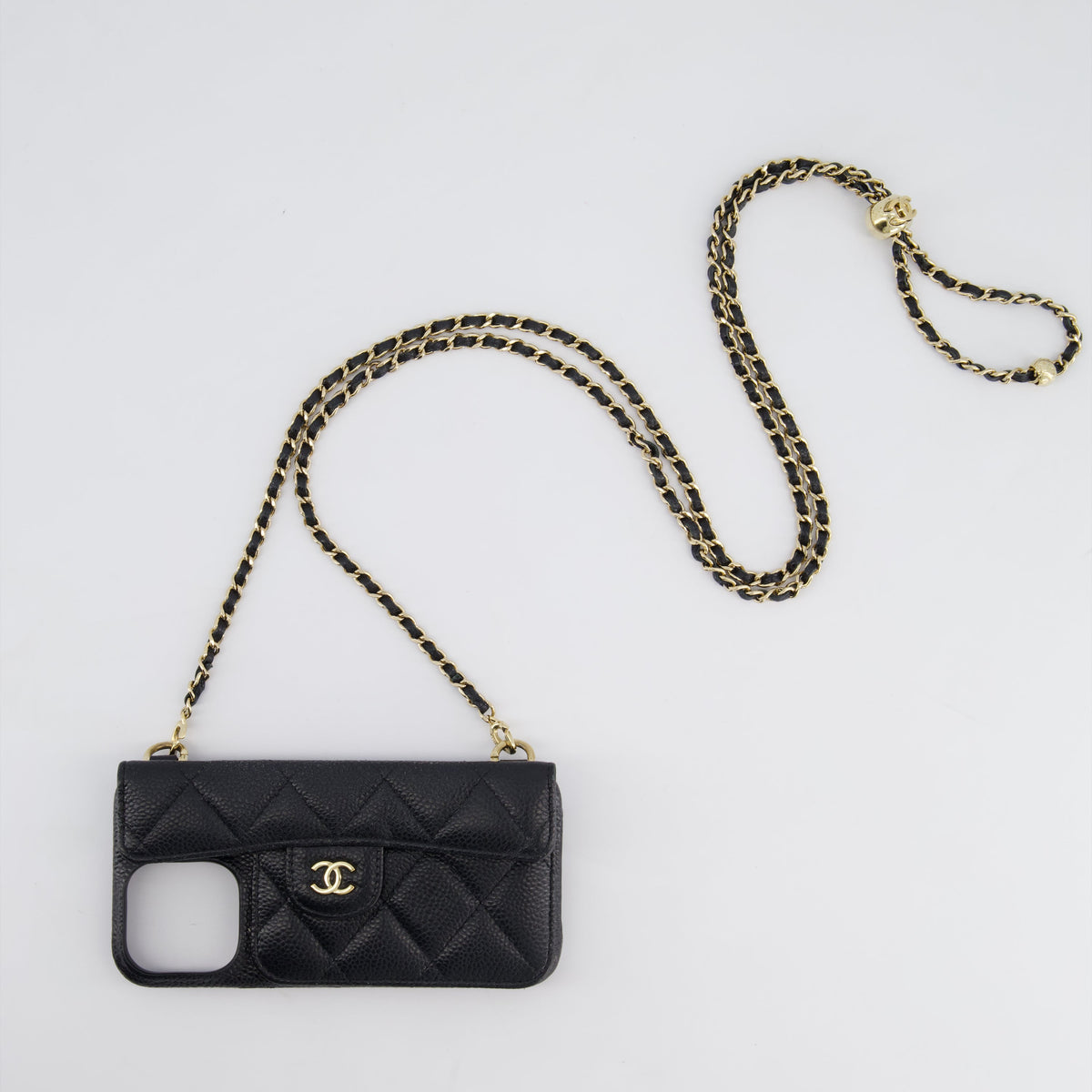 Chanel Black Caviar Cross-Body Phone Case with Champagne Gold Hardware For iPhone 15 Pro Max