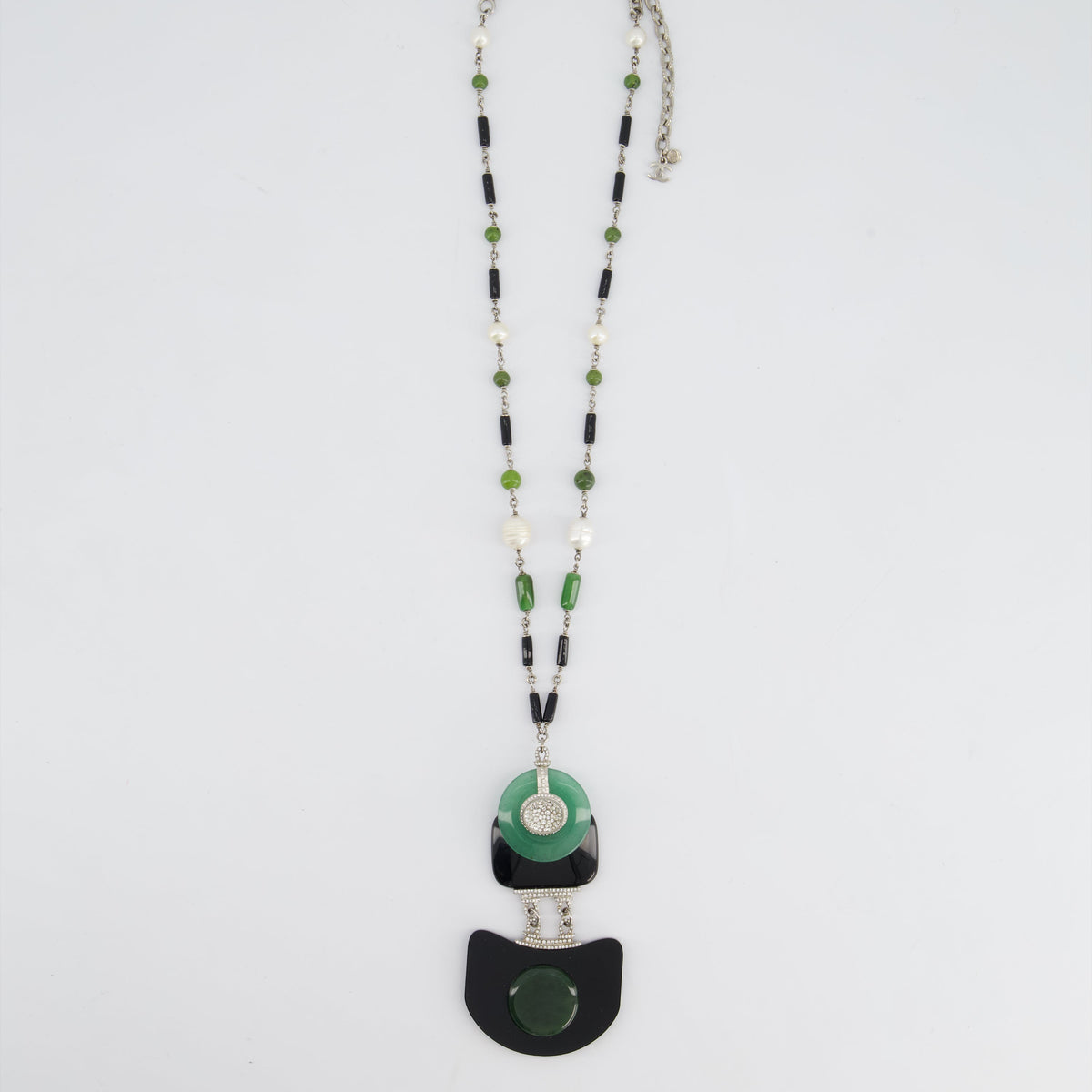 Chanel AW/09 Art Deco Jade, Crystal and Pearl Resin Pendant Necklace