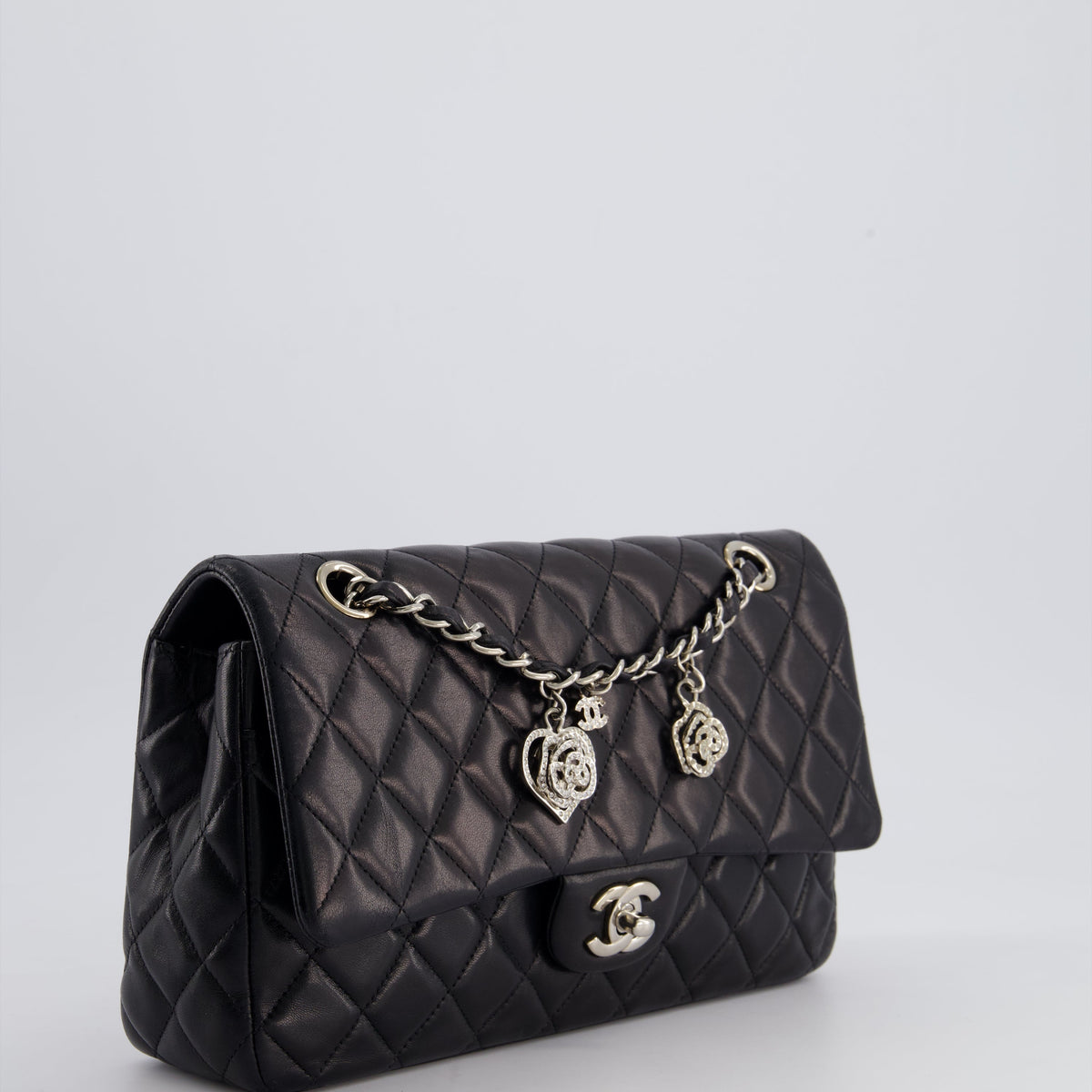 Chanel Black Medium Single Flap Bag with Camelia Crystal Charm Detail Lambskin Leather Silver Hardware