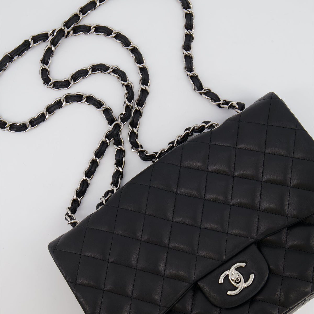 Chanel Black Jumbo Classic Single Flap Bag in Lambskin Leather with Silver Hardware