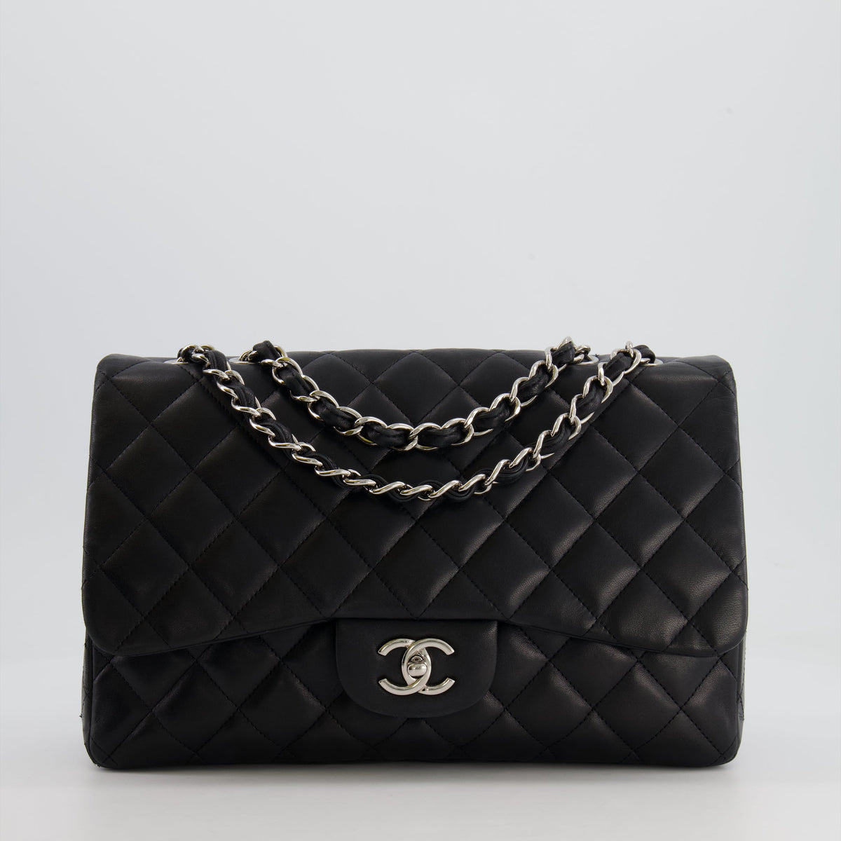 Chanel Black Jumbo Classic Single Flap Bag in Lambskin Leather with Silver Hardware