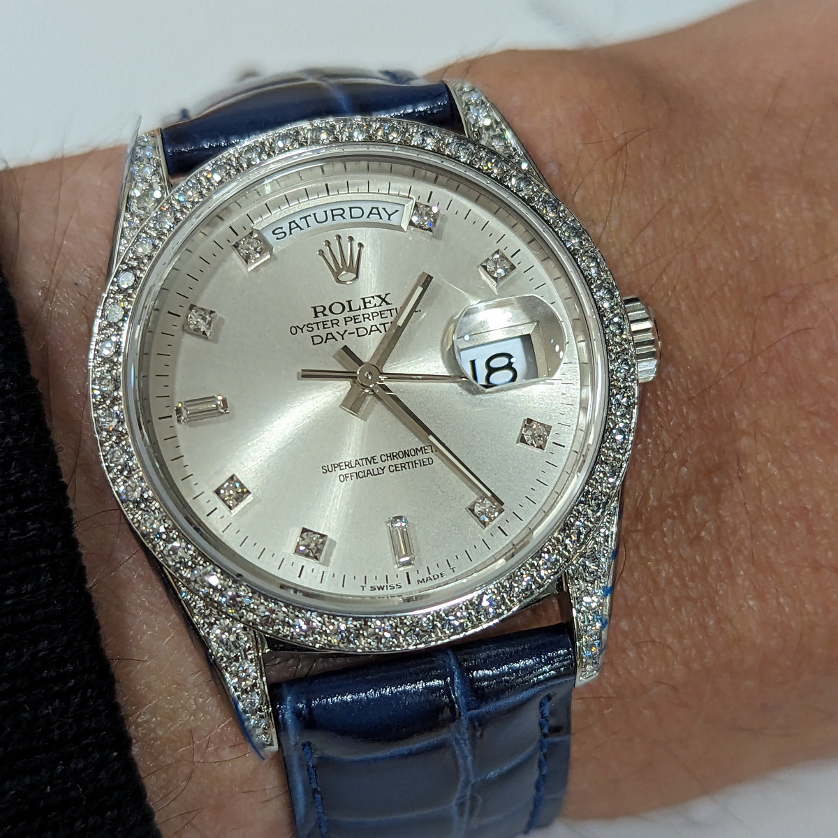 18k W Gold Rolex Day-Date Wristwatch, all factory Diamonds, RARE Ref. 18389