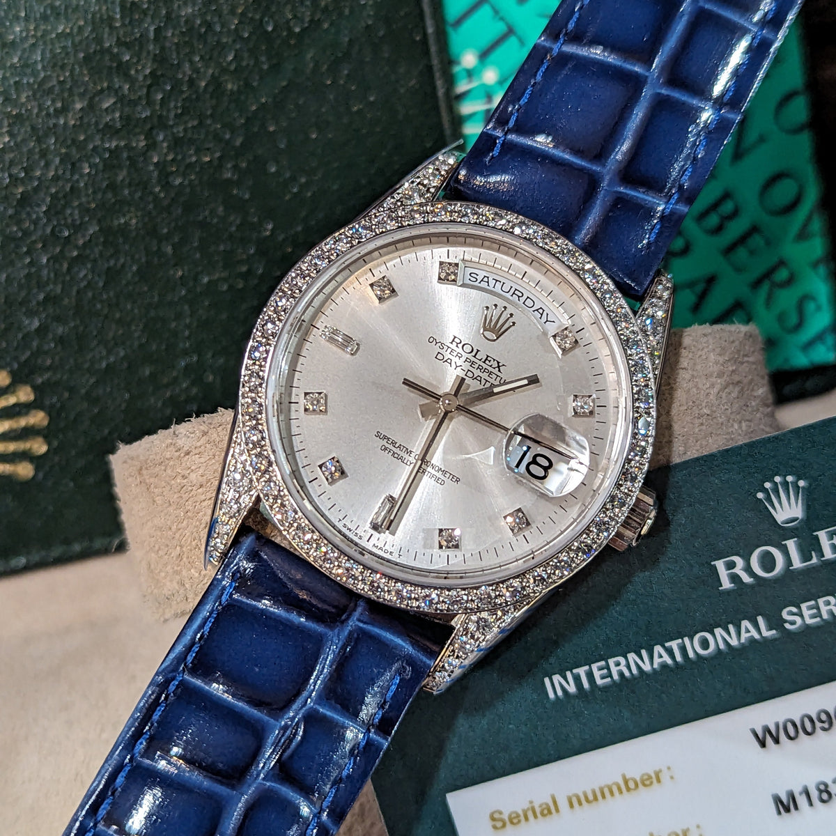 18k W Gold Rolex Day-Date Wristwatch, all factory Diamonds, RARE Ref. 18389