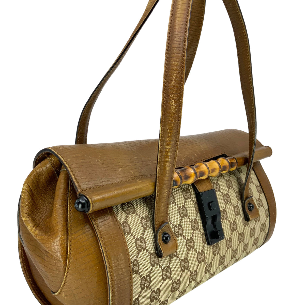Gucci Monogram GG Canvas Leather Bamboo Bullet Bag