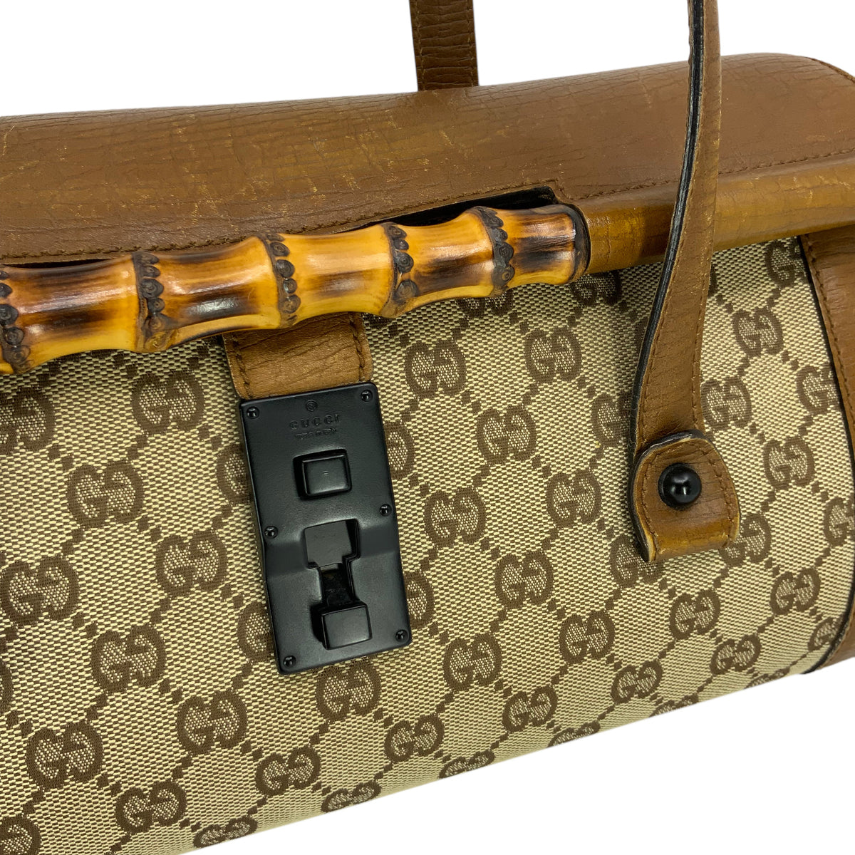 Gucci Monogram GG Canvas Leather Bamboo Bullet Bag