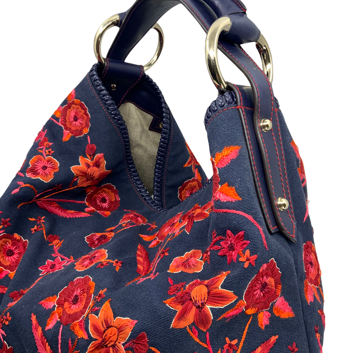 Gucci Floral Embroidered Canvas Large Horsebit Handle Hobo