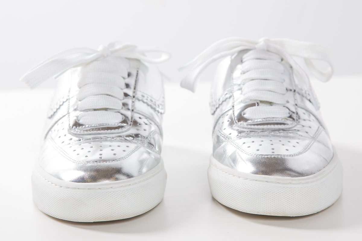 SWEAR Silver Metallic Leather Round-Toe Sneakers SZ 37