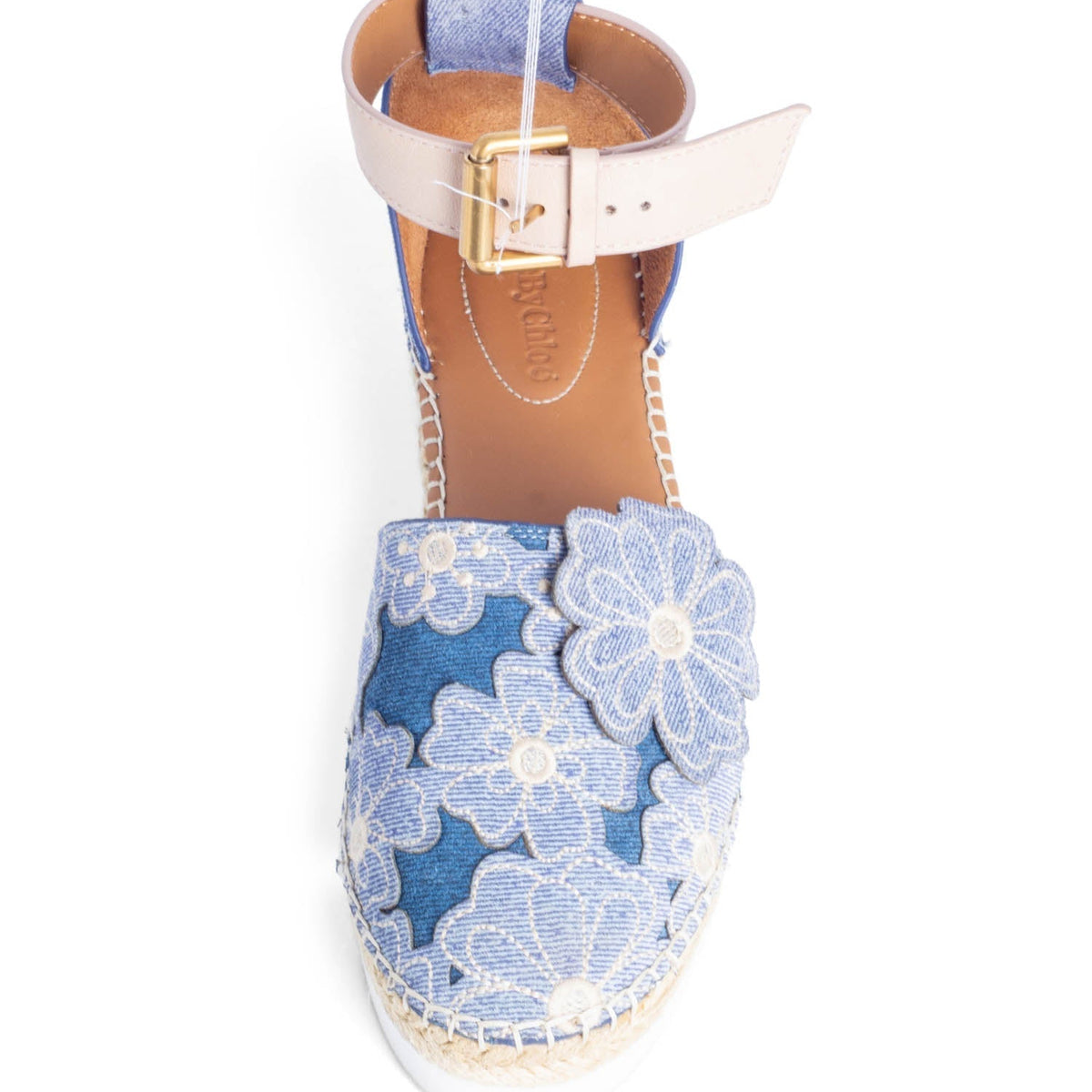 See by Chloe Floral Denim Ankle Strap Espadrilles Platform Sandals Blue