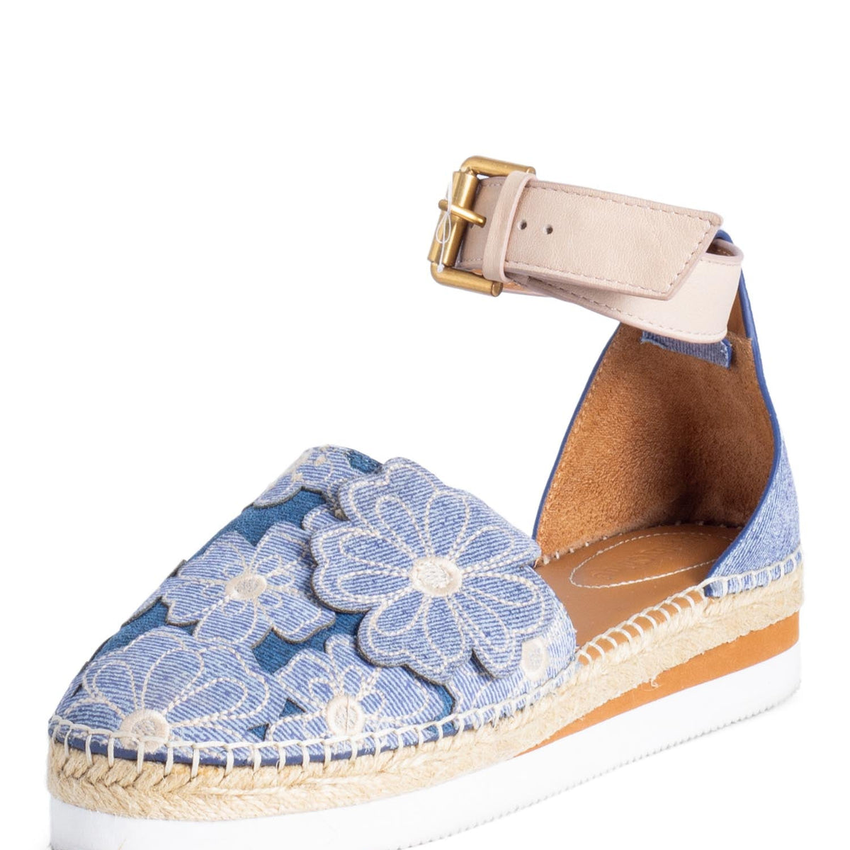 See by Chloe Floral Denim Ankle Strap Espadrilles Platform Sandals Blue