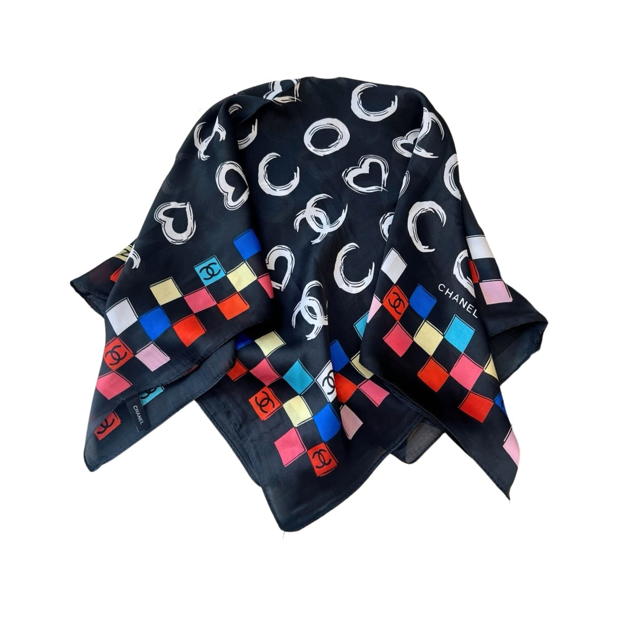 CC HEART AND LOGO PATTERN SILK SCARF IN BLACK 70CM