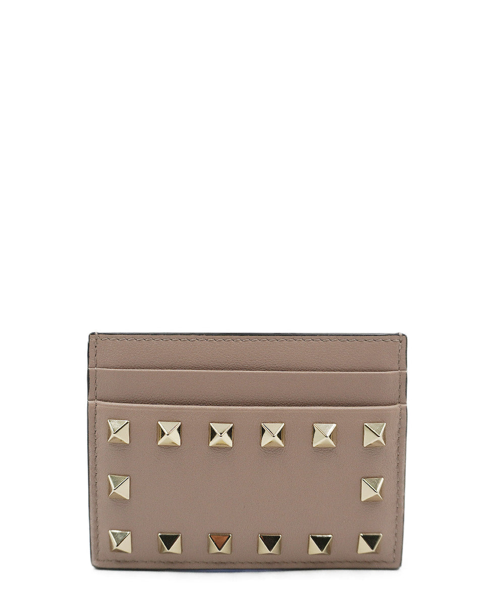 Rockstud Accents Leather Card Holder Cream
