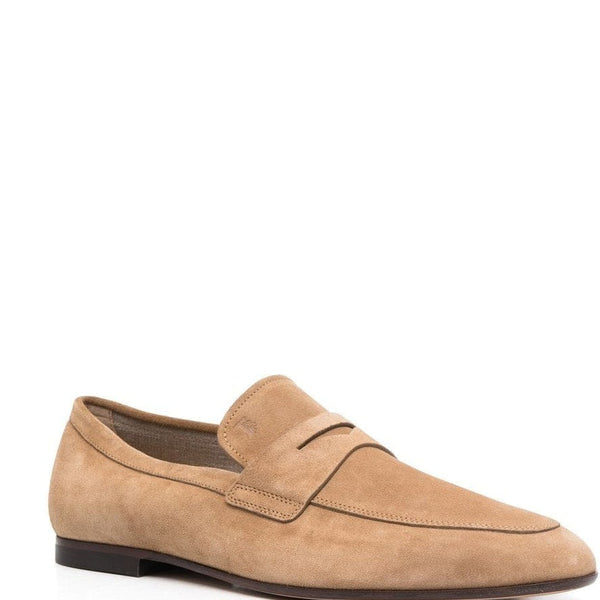 ALMOND TOE PENNY LOAFERS, SAND BEIGE CALF LEATHER.
