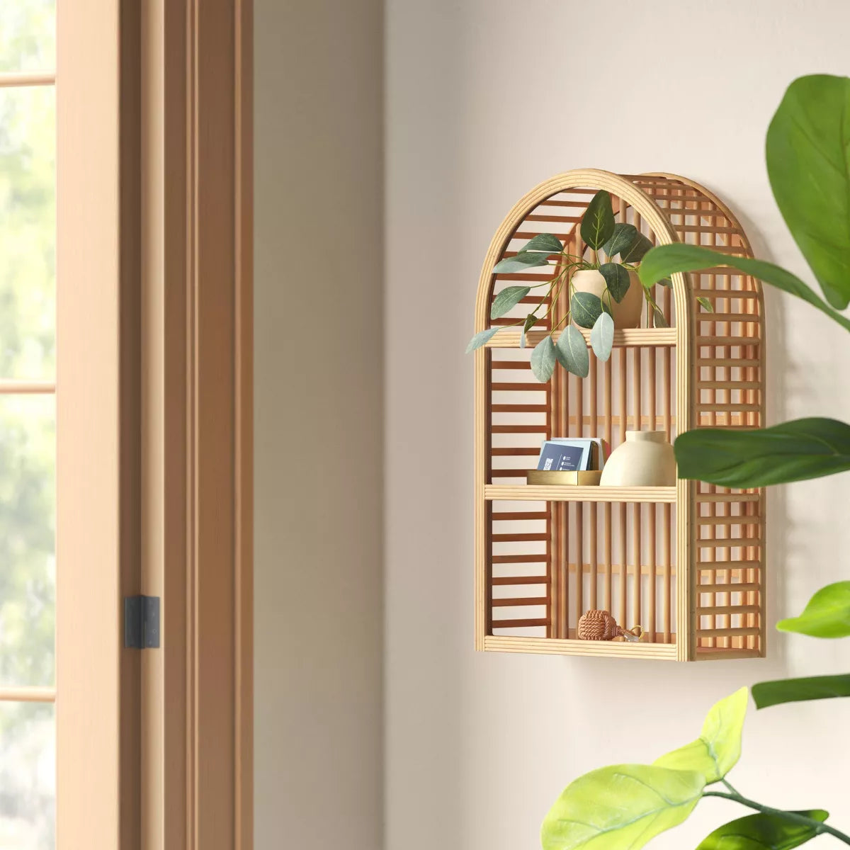 12" X 20" Wood and Rattan Wall Shelf Natural - Threshold™: Modern Vertical Geometric Decor, No Battery Required