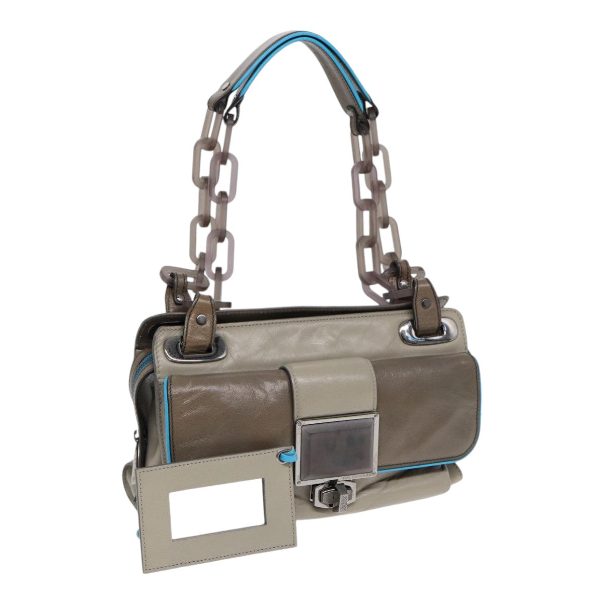 balenciaga Turn Lock Chain Shoulder Bag Leather Beige Gray Silver Auth am6814
