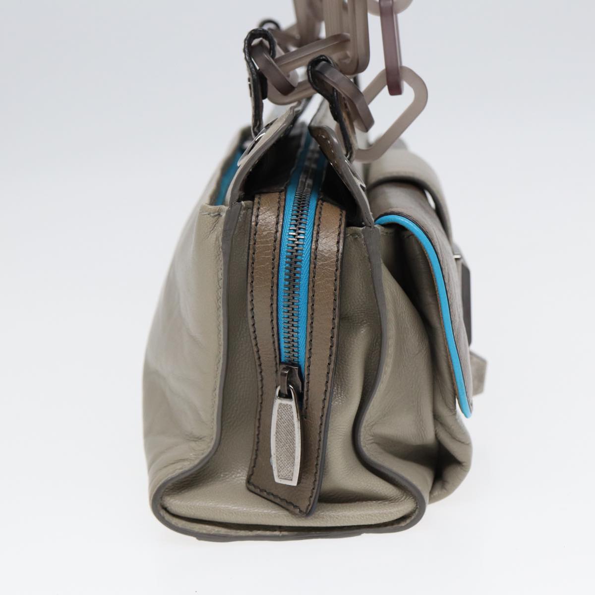 balenciaga Turn Lock Chain Shoulder Bag Leather Beige Gray Silver Auth am6814