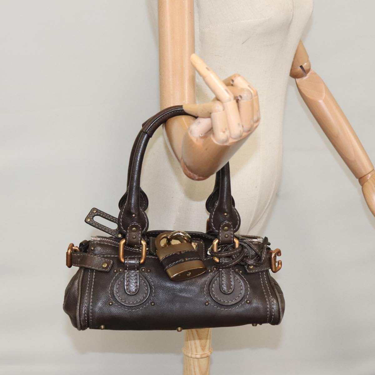Chloe Paddington Mini Hand Bag Leather Dark Brown Gold Silver am7426