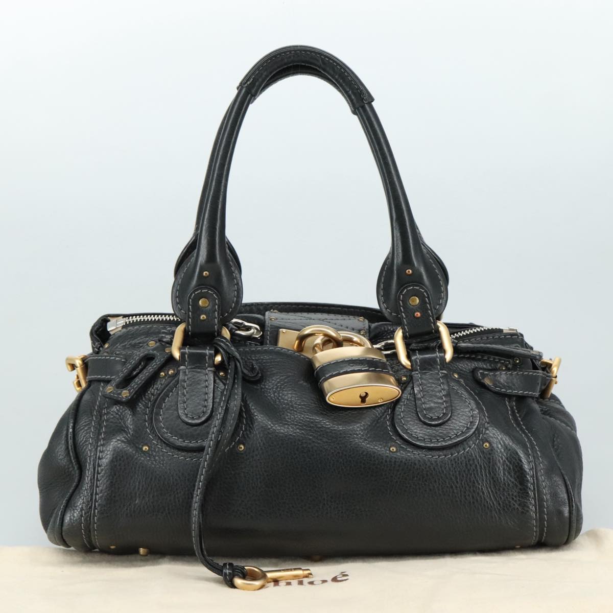 Chloe Paddington Hand Bag Leather Black Gold Silver am7480