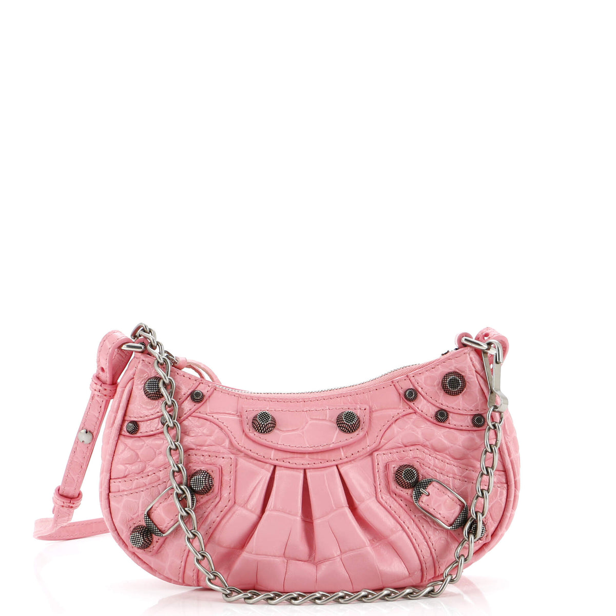 Balenciaga Le Cagole Giant Studs Chain Shoulder Bag Crocodile Embossed Leather with Crystals Mini