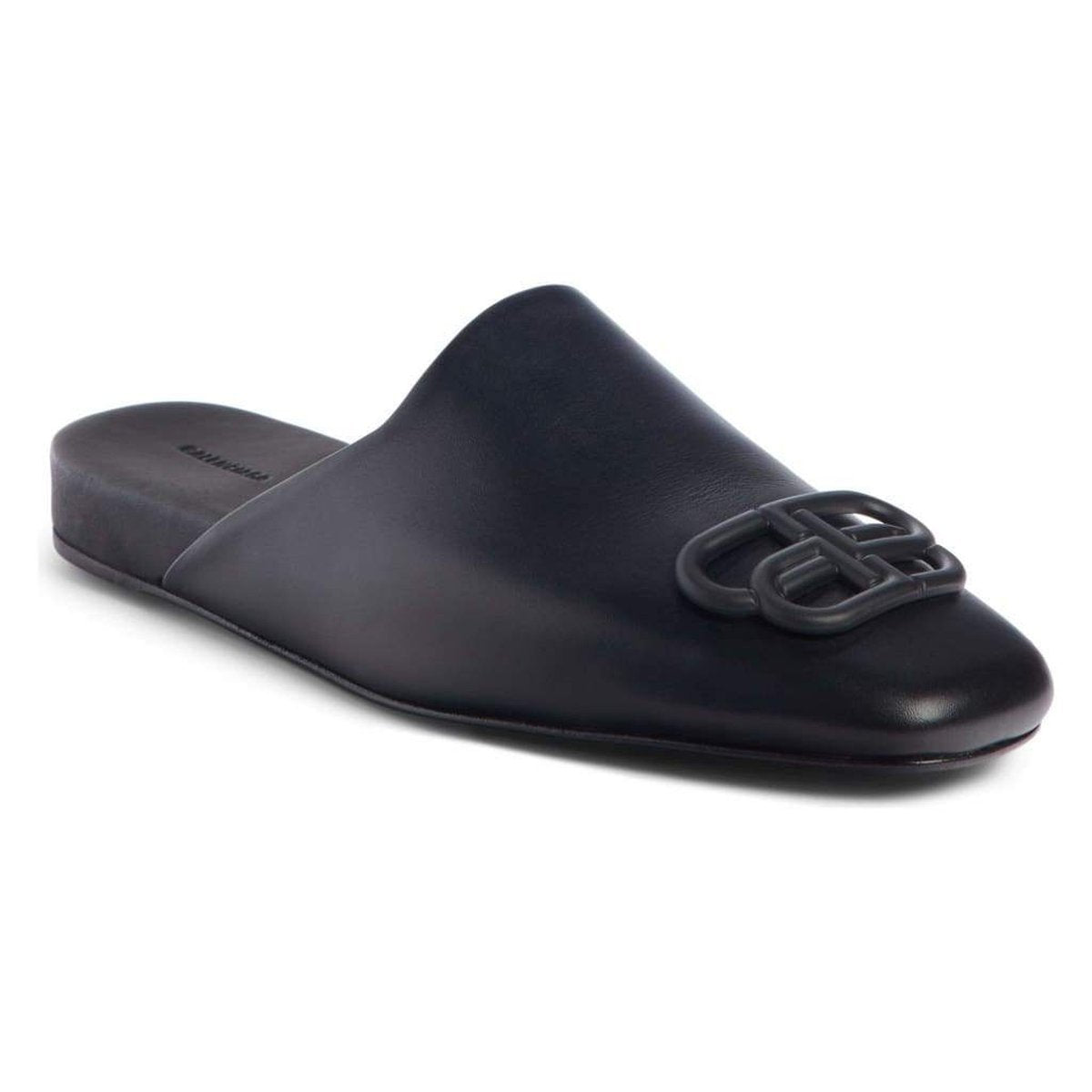Black BB Logo Leather Slipper Shoes