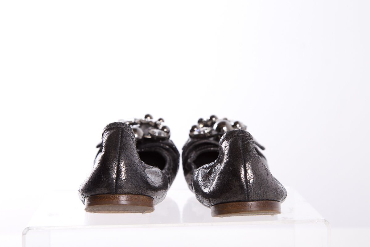 Miu Miu Metallic Grey Leather Crystal Embellishments Ballet Flats SZ 38.5