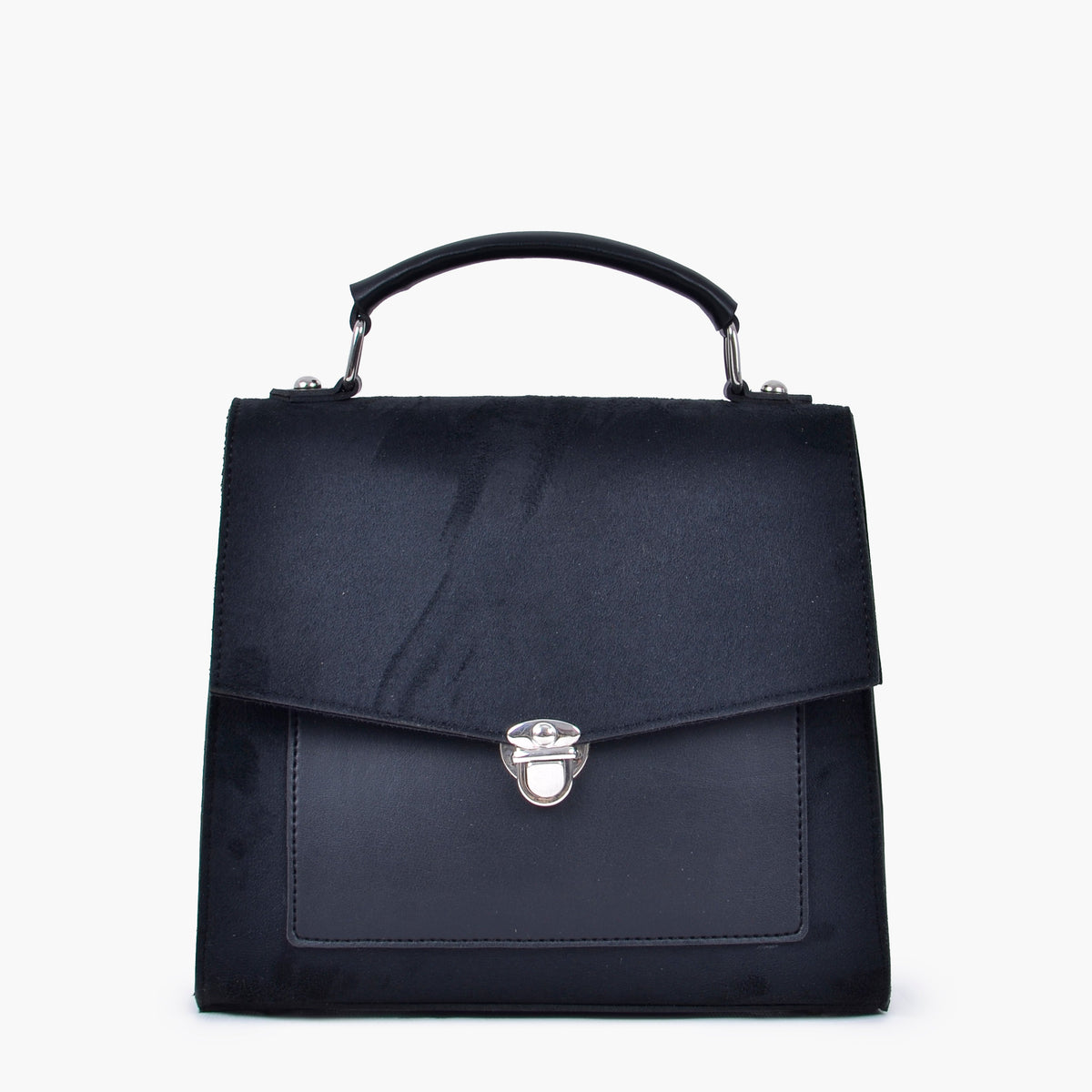 Black suede push-lock messenger bag