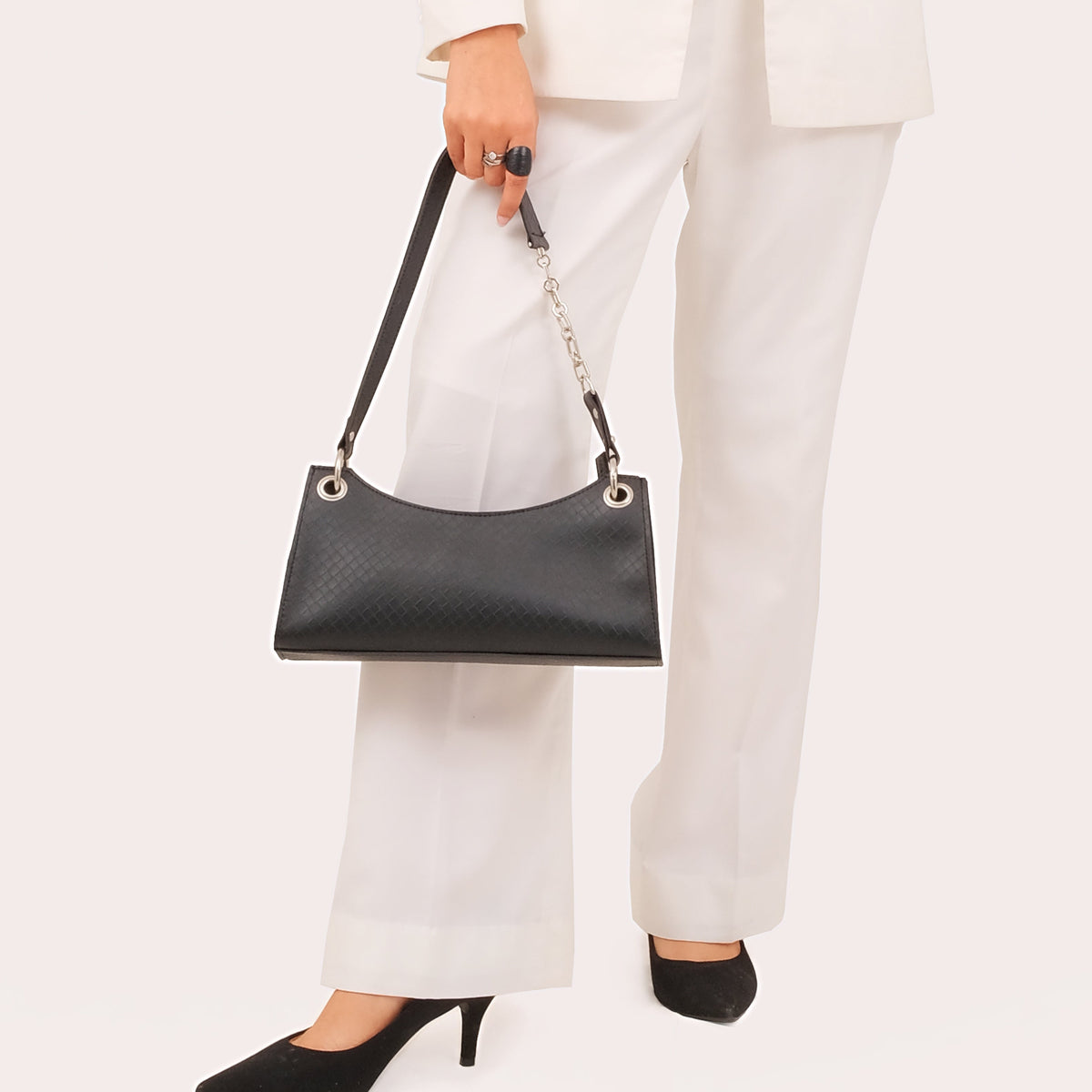 Black weaved elongated chain handle purse