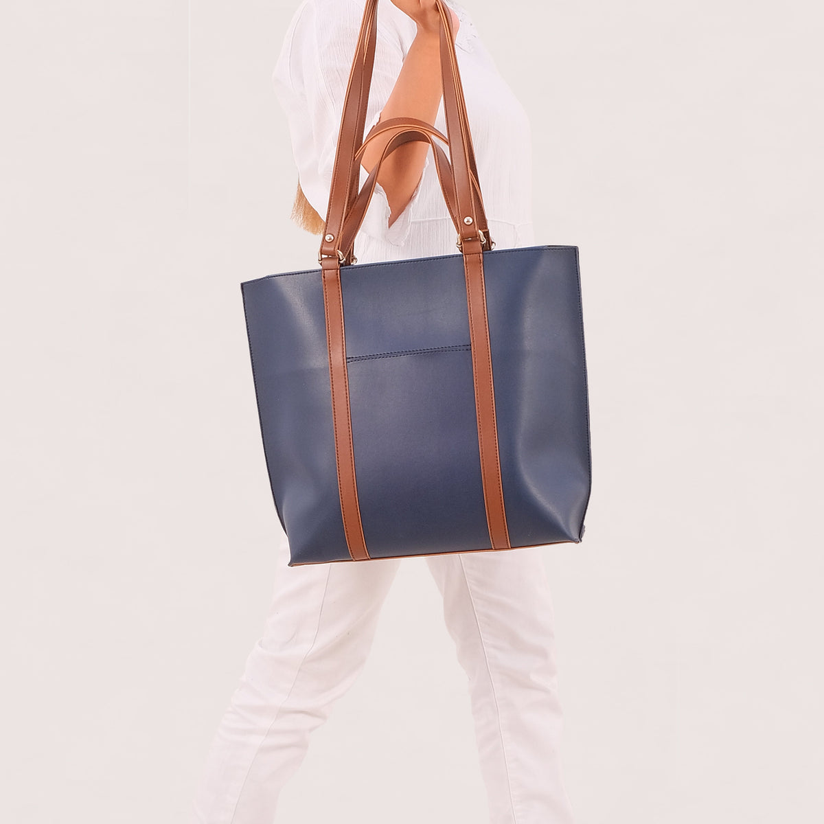 Blue and brown double-handle tote bag