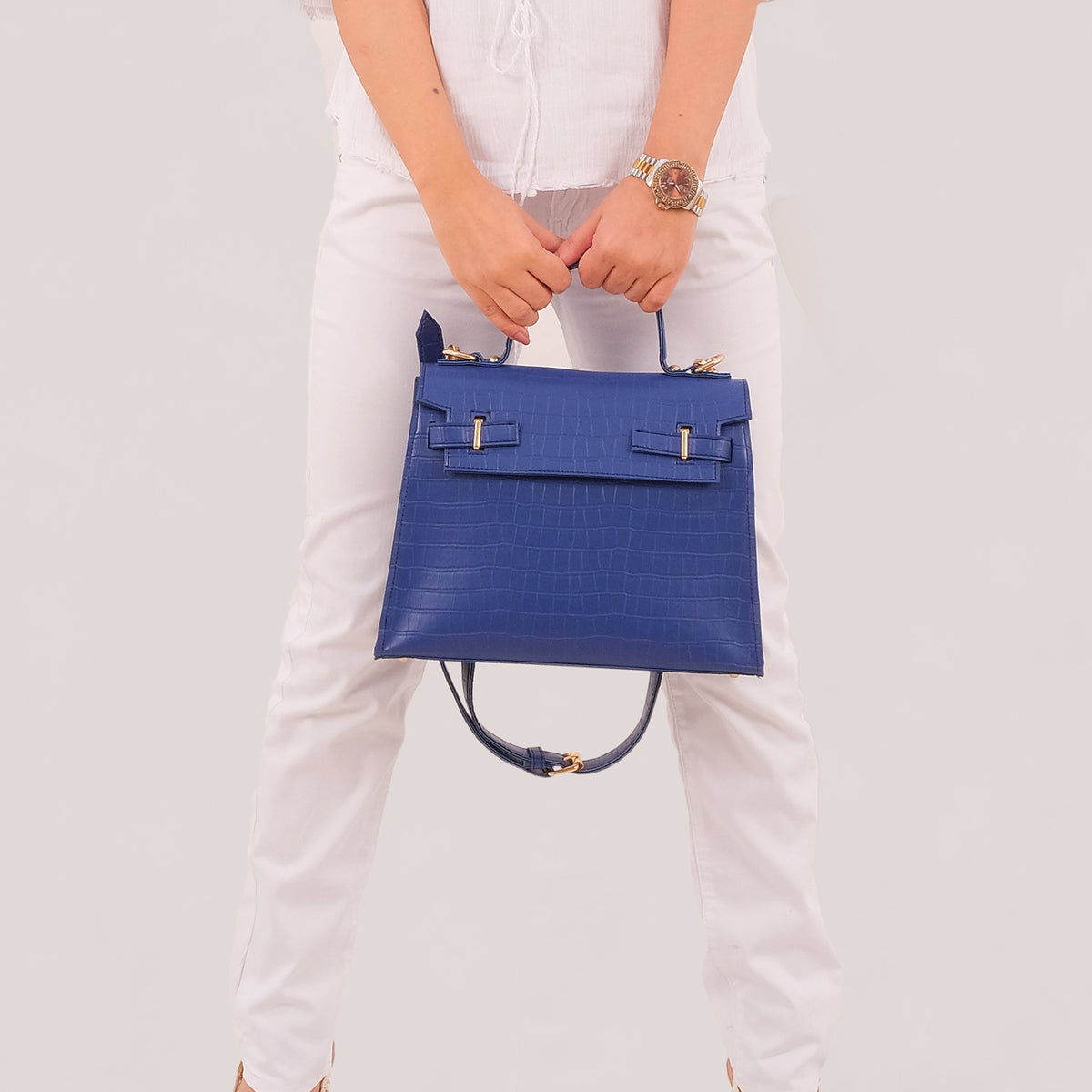 Blue top-handle crocodile mini bag