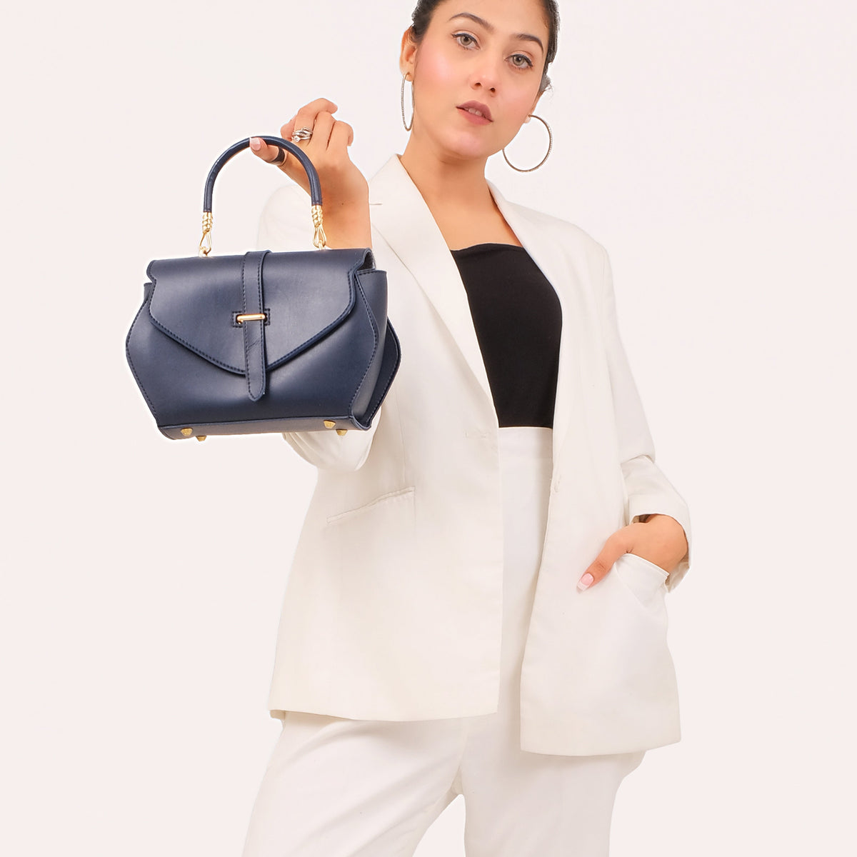 Blue top-handle hexagon bag