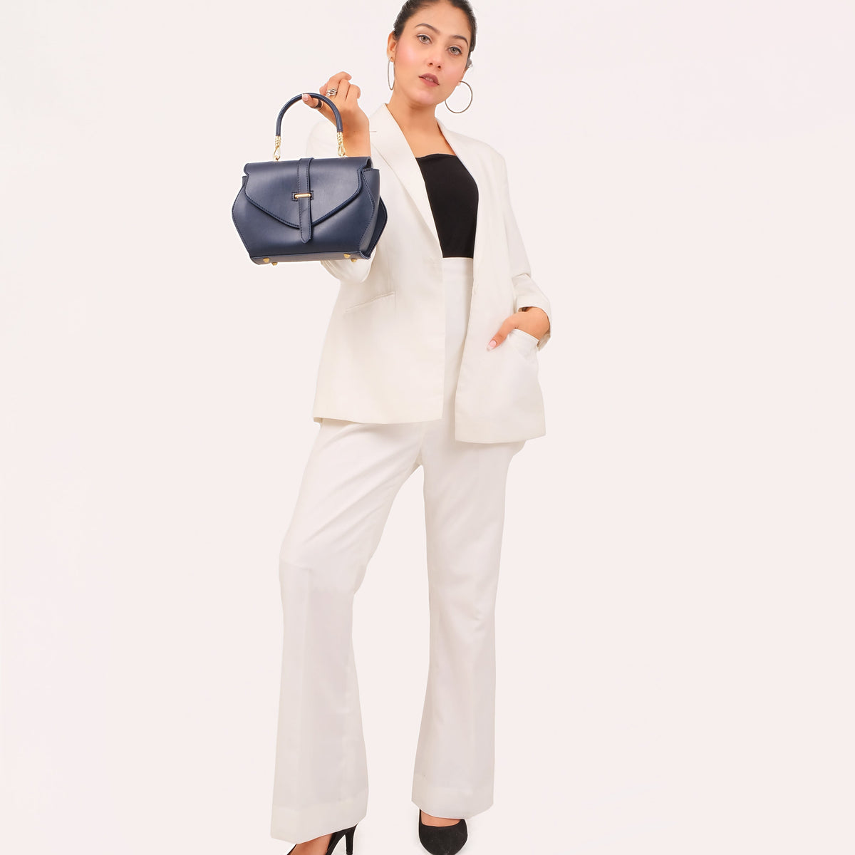 Blue top-handle hexagon bag