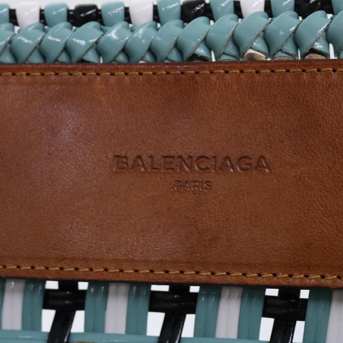 balenciaga Tote Bag Leather Light Blue Black White Auth bs7863