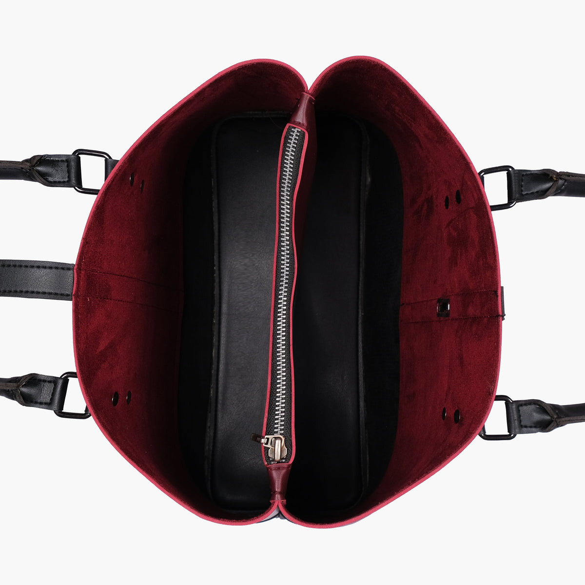Burgundy and black multi-compartment shoulder bag