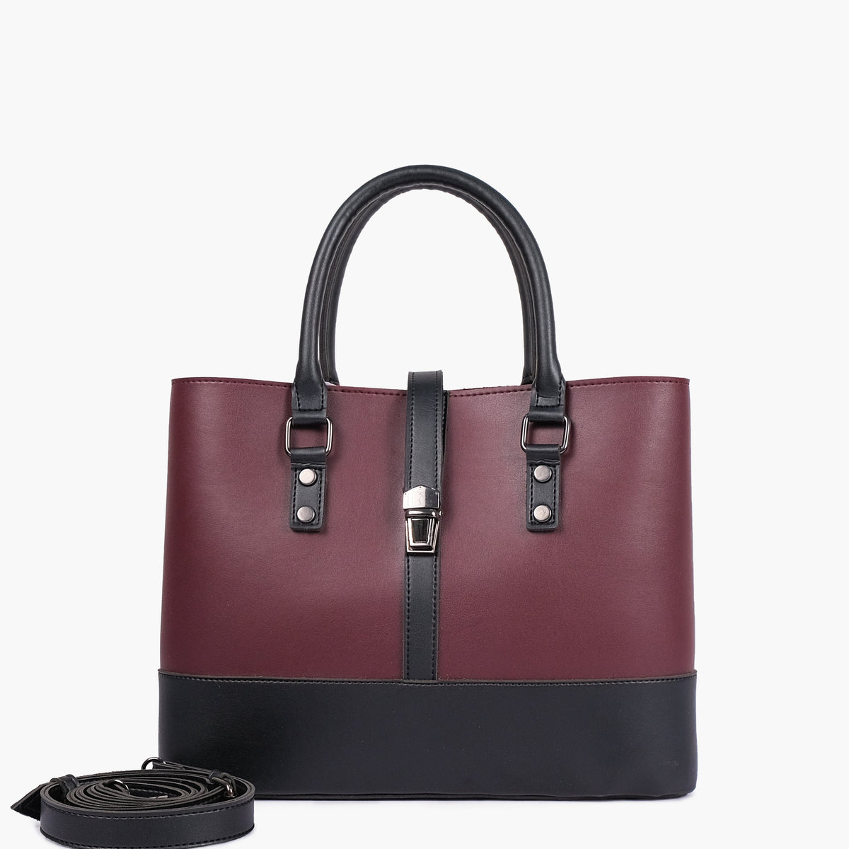 Burgundy and black multi-compartment shoulder bag