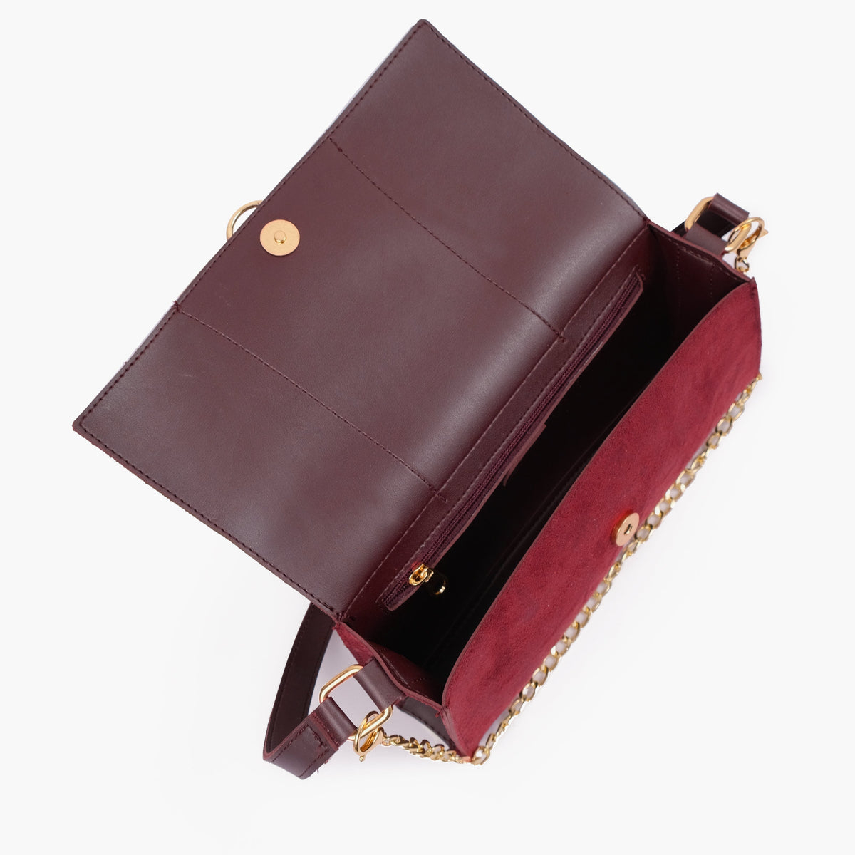 Burgundy suede buckle envelope bag