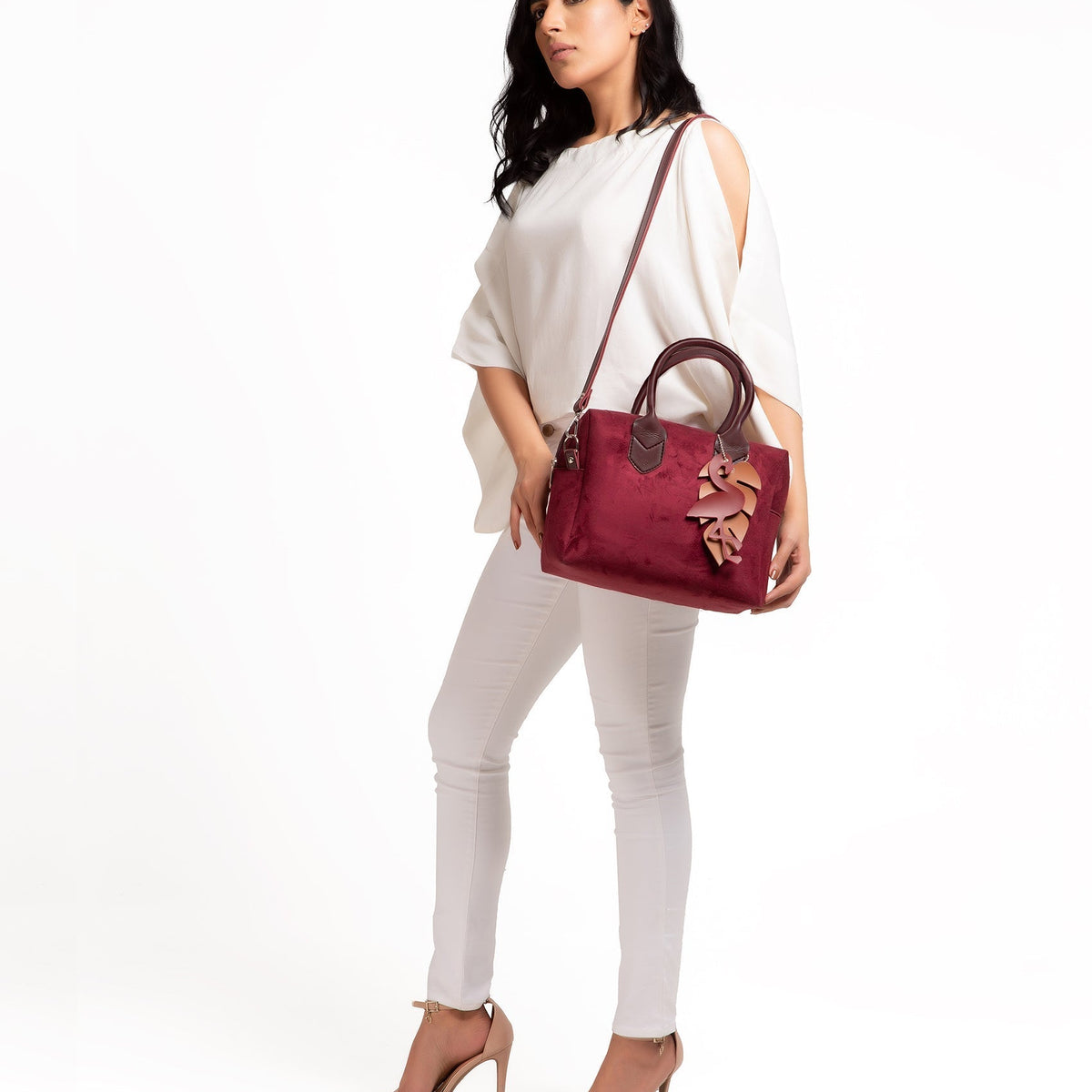 Burgundy suede mini bowling bag