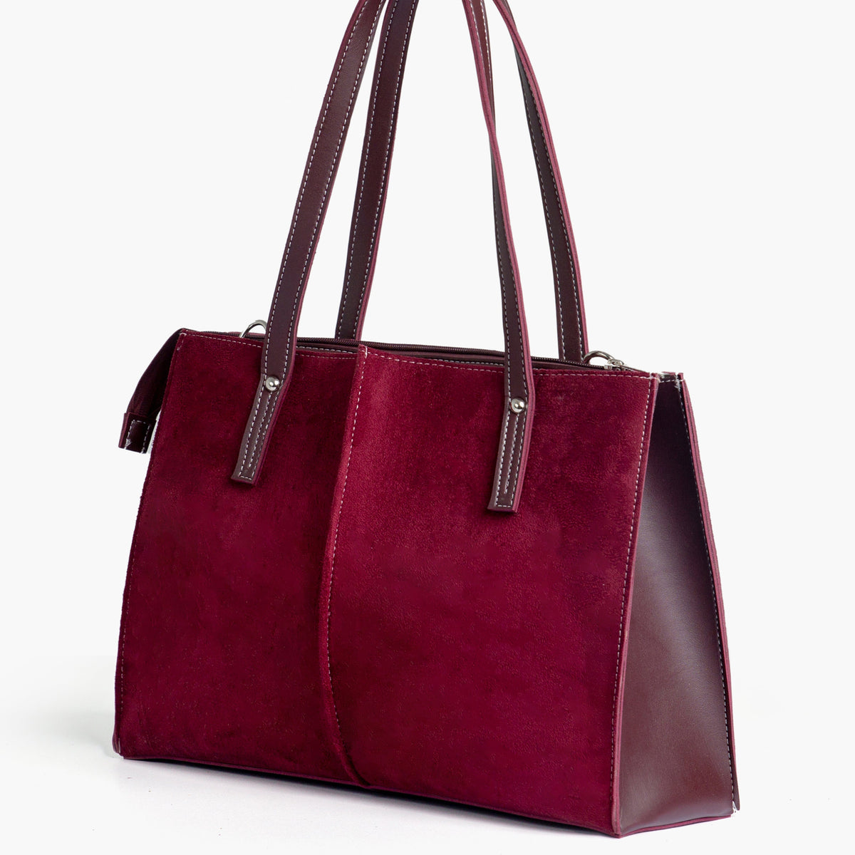Burgundy suede work tote bag