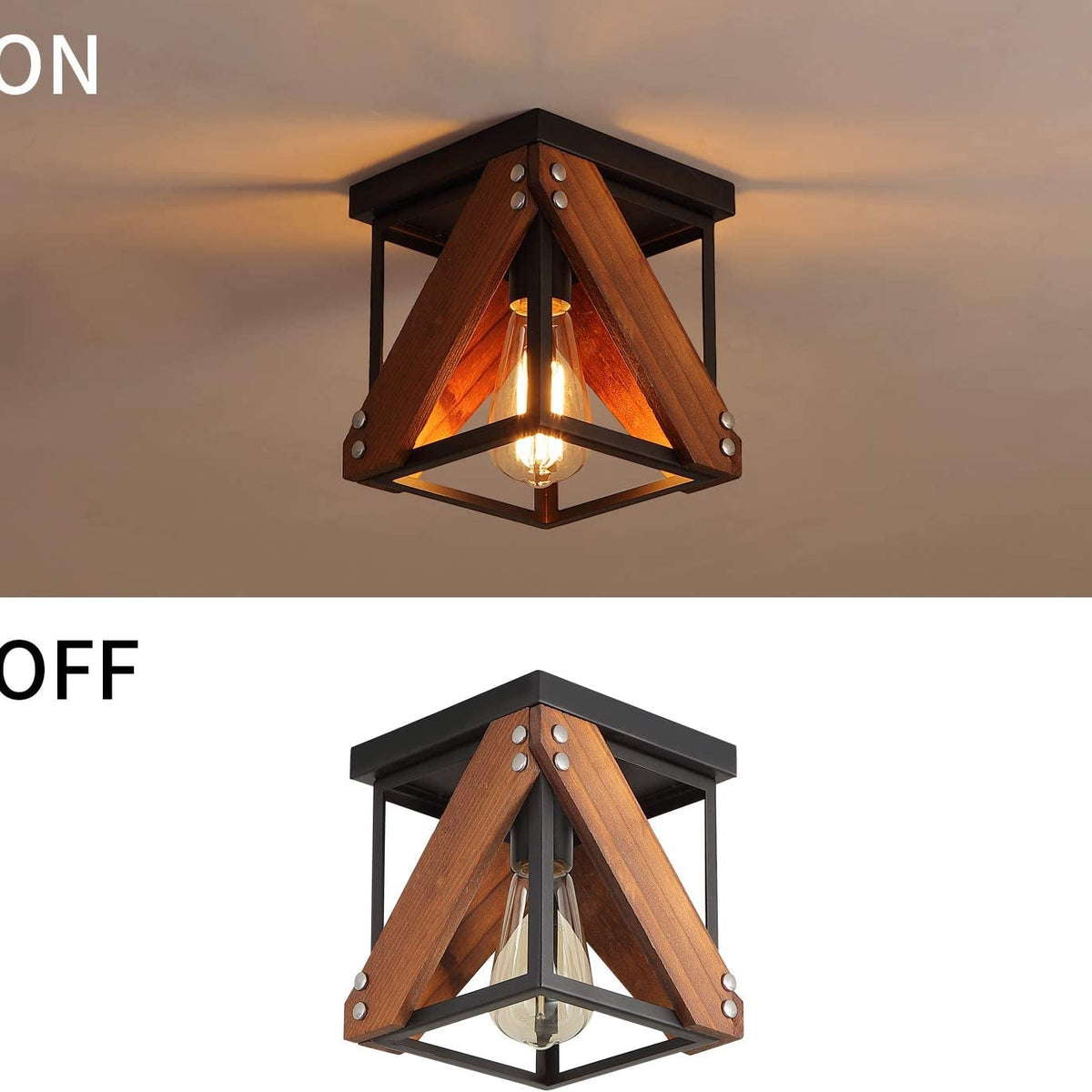 Rustic Industrial Flush Mount Ceiling Light 1-Light Metal and Wood Cage Mini Semi Flush Mount Light Fixture for Hallway Kitchen Entryway, Black