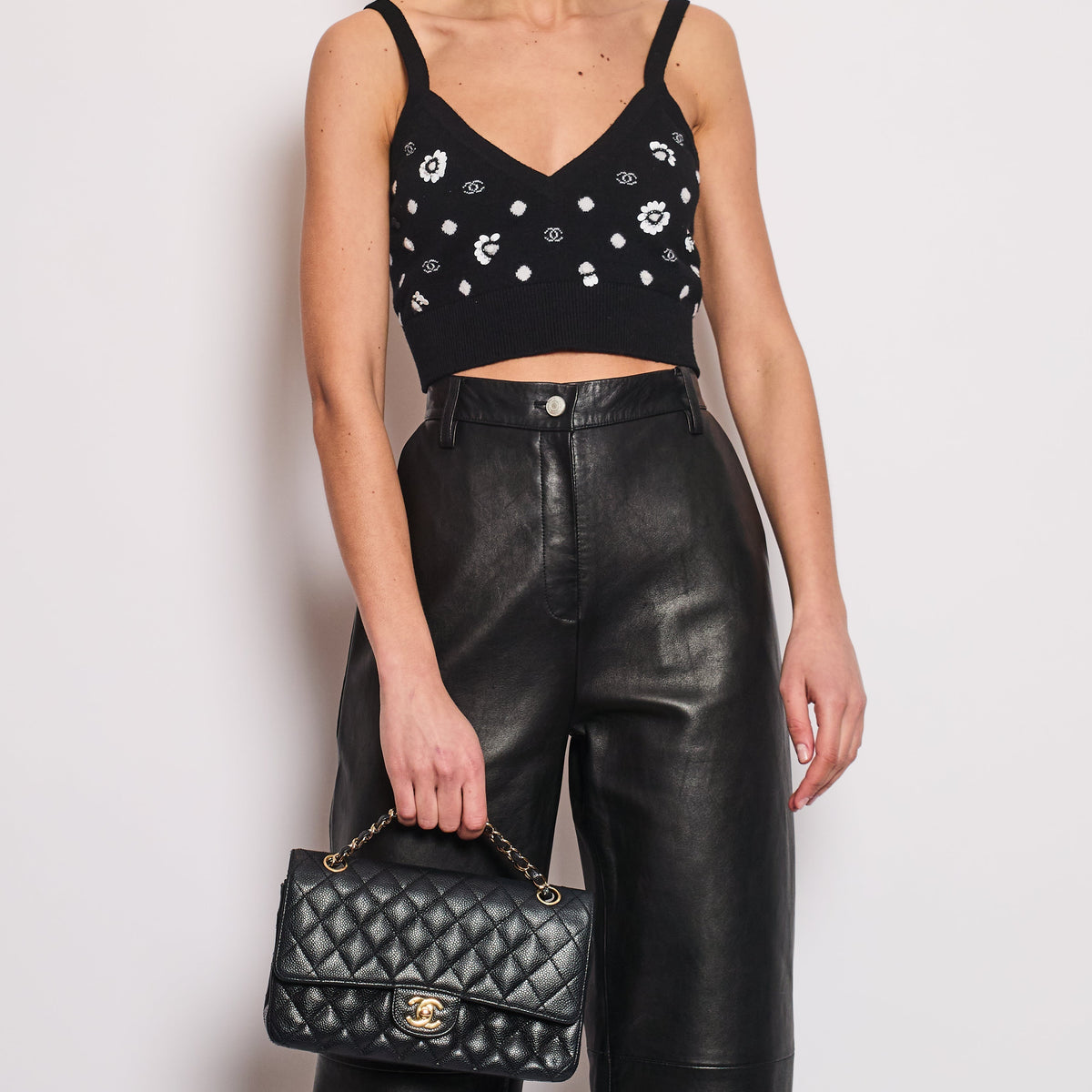 Chanel Black Floral Embellished CC Cropped Tank Top Size FR 38 (UK 10)