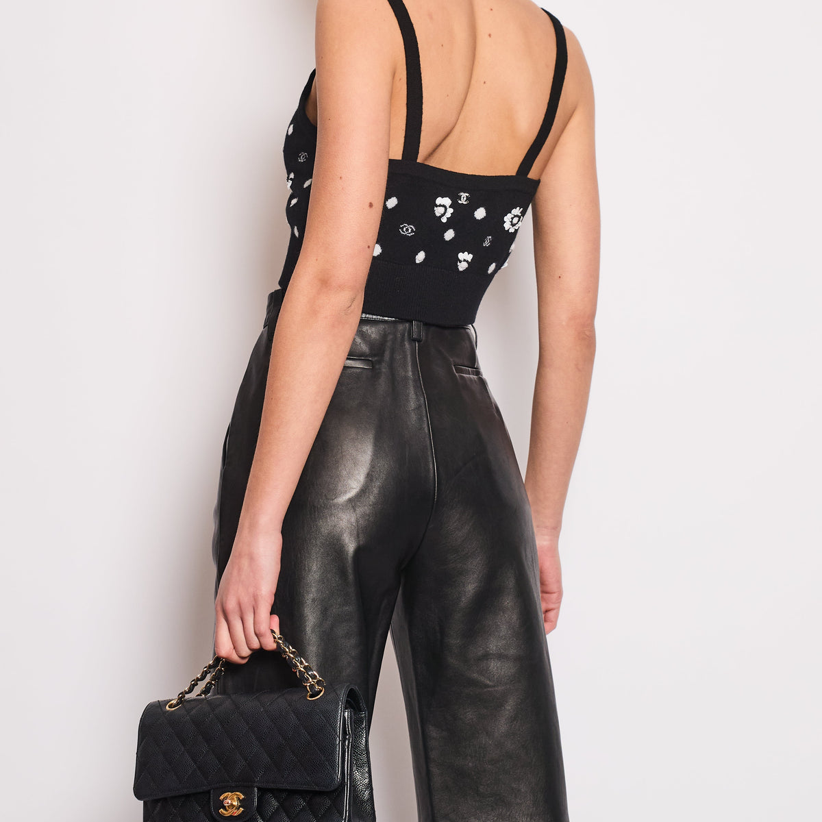 Chanel Black Floral Embellished CC Cropped Tank Top Size FR 38 (UK 10)