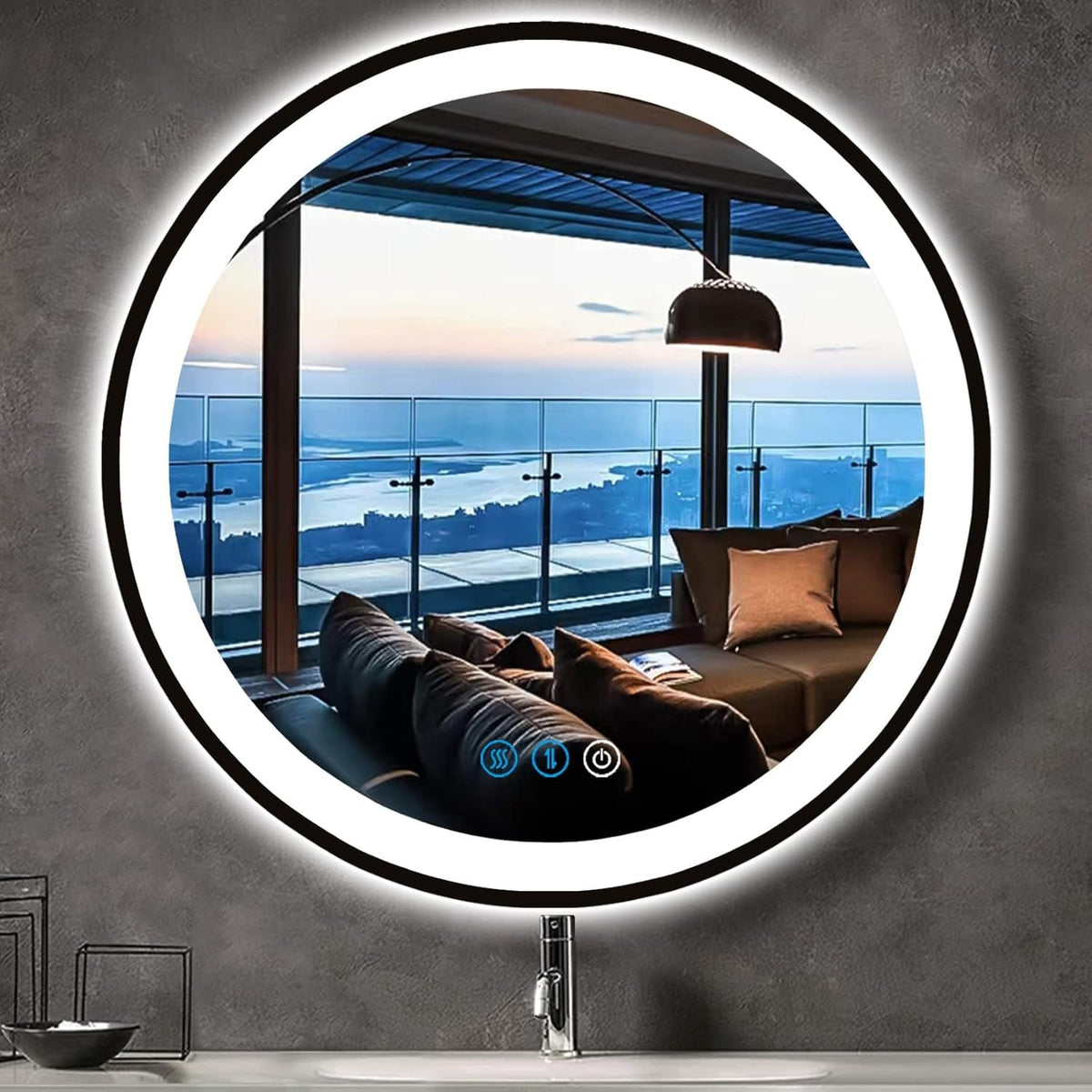 Black Frame round LED Bathroom Mirror with Lights for Bathroom Wall Black Lighte