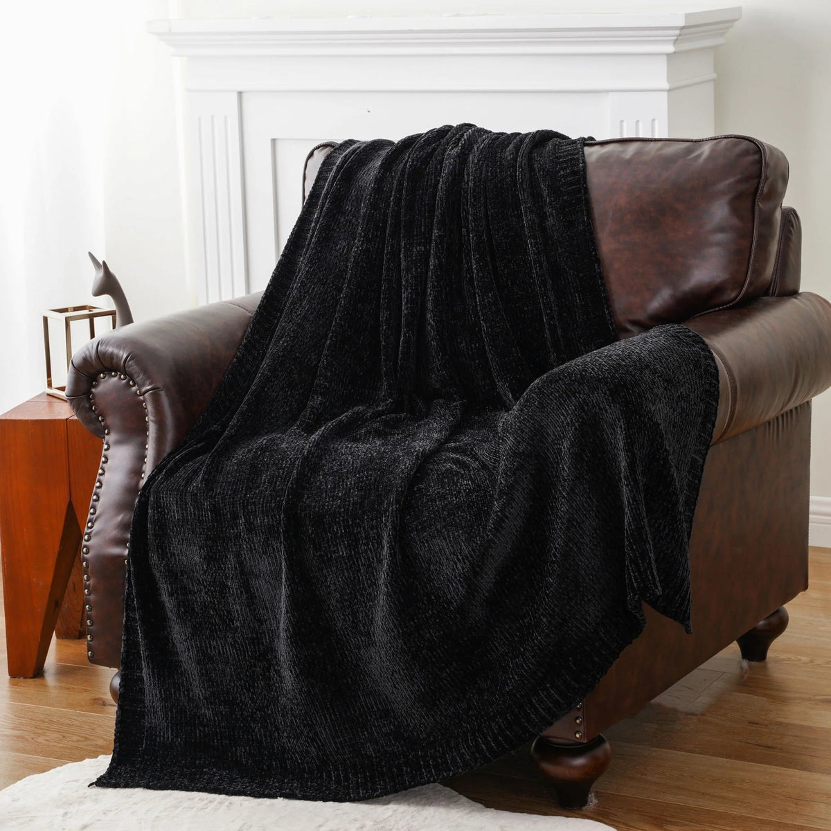Black Chenille Throws for Couch,Soft Lightweigt Knitted Blanket for Living Room,51"X 67"