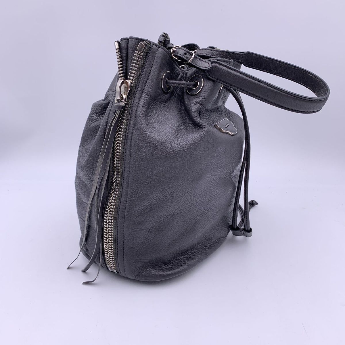 balenciaga Grey Leather Papier Plate Bucket Drawstring Bag