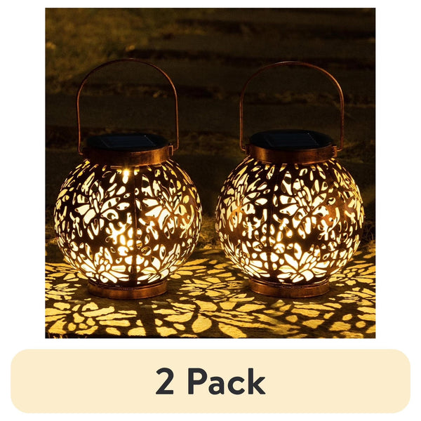 (2 Pack)  2 Pack Bronze Solar Outdoor Hanging Lanterns, Moroccan Lanterns, Metal Decorative Garden Lights
