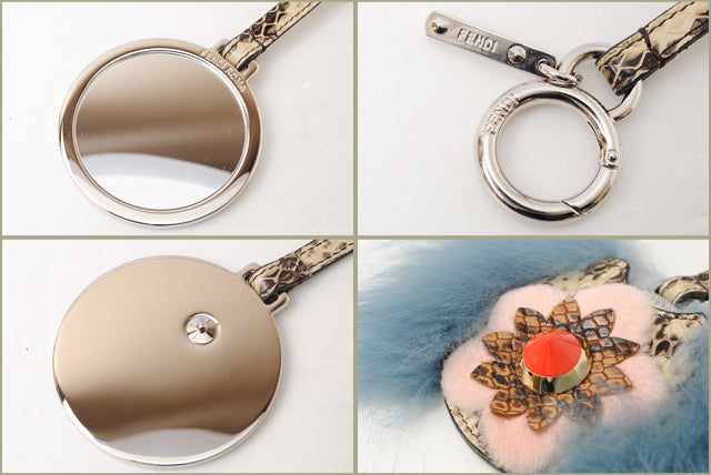 Top quality Fendi Mink Fur Python Bag Charm Key Ring Flower Mirror 7AR455