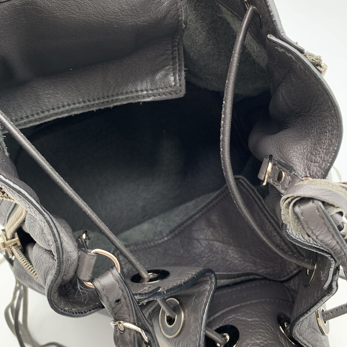 balenciaga Grey Leather Papier Plate Bucket Drawstring Bag