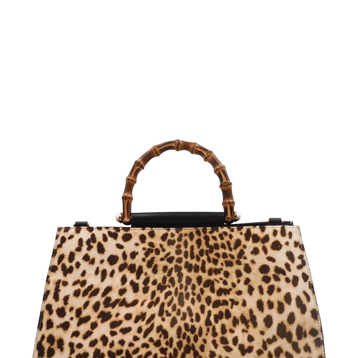 Calf Hair Leopard Nymphae Bamboo Top Handle Bag Black Beige