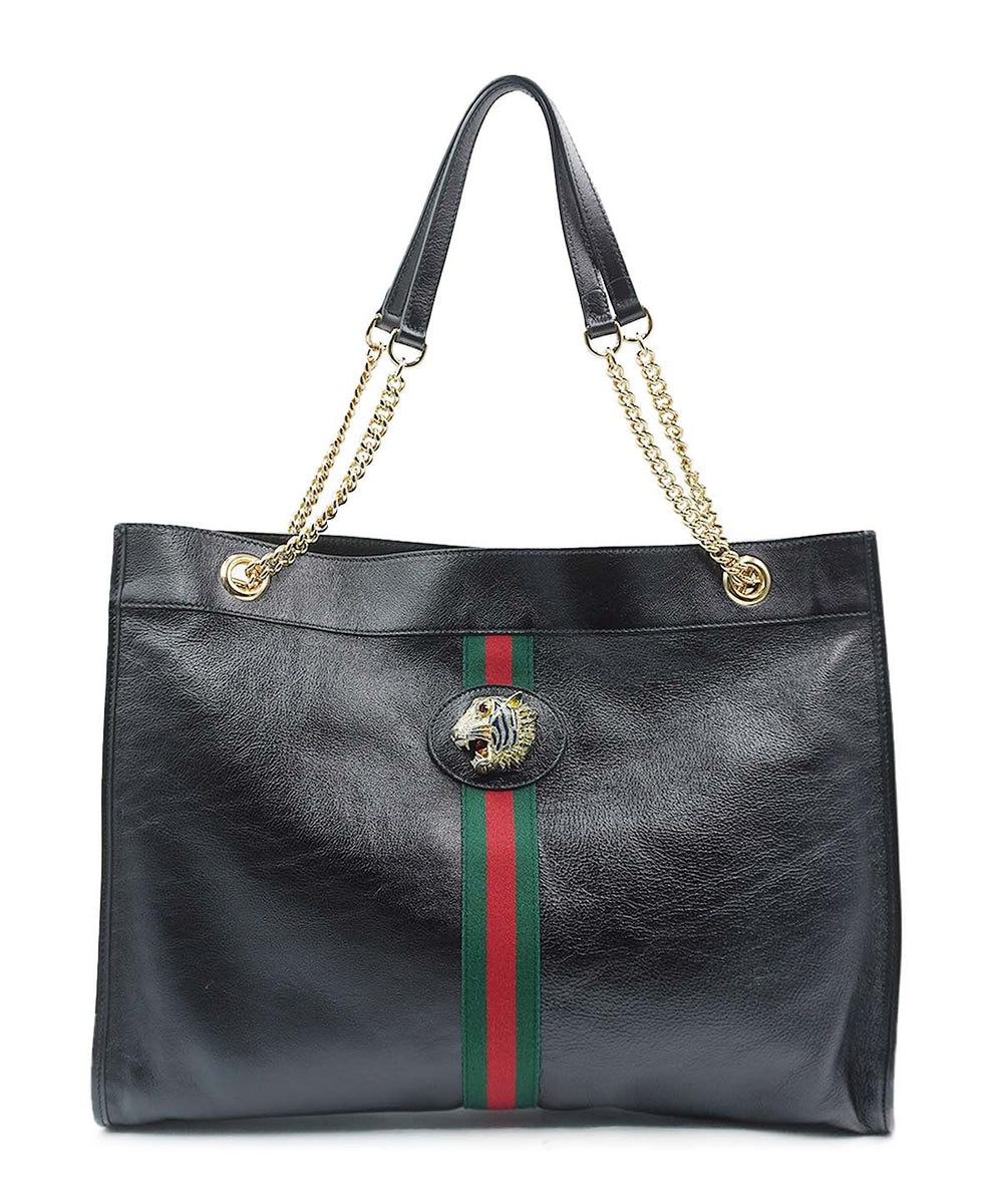 Maxi Rajah Chain Tote Leather Bag Black