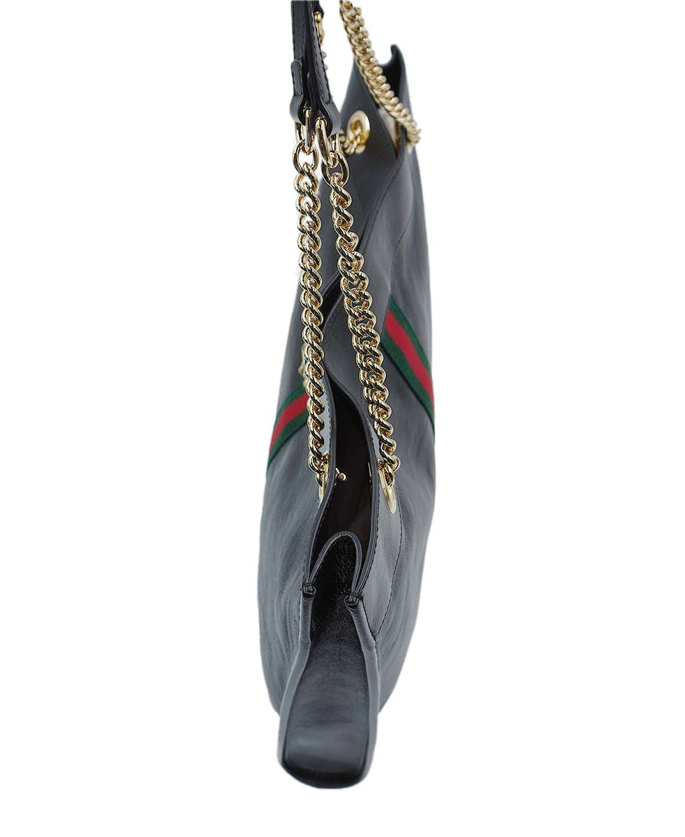 Maxi Rajah Chain Tote Leather Bag Black